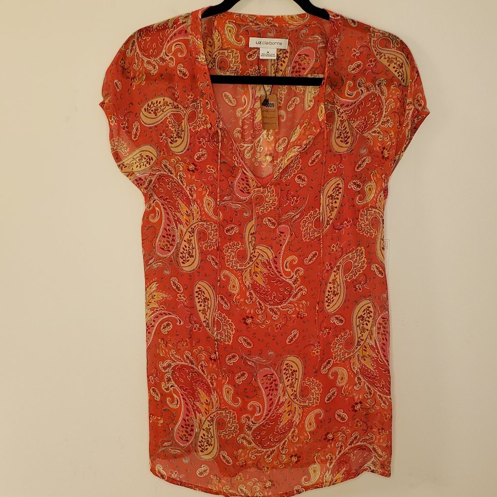 (NWT) Liz Claiborne Mosaic Garden Sheer Blouse w/ Cami. Flame Multi Color. M.